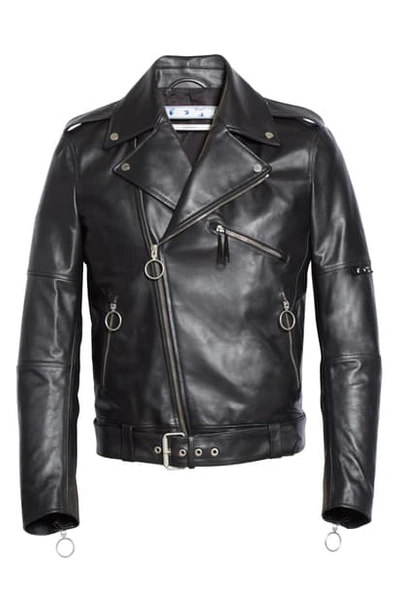 Shop Off-white Back Logo Leather Biker Jacket In Black White