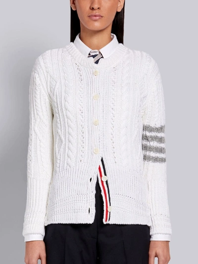 Shop Thom Browne White Fine Merino Wool Aran Cable Classic Crewneck 4-bar Cardigan