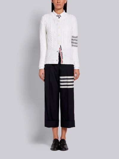 Shop Thom Browne White Fine Merino Wool Aran Cable Classic Crewneck 4-bar Cardigan