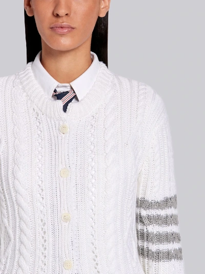 Shop Thom Browne White Fine Merino Wool Aran Cable Classic Crewneck 4-bar Cardigan