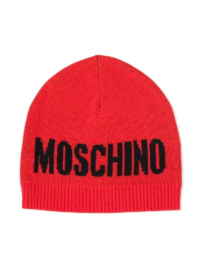 Shop Moschino Logo Intarsia Beanie In Red