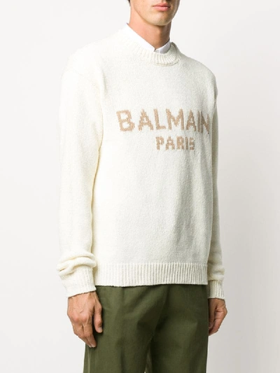 Shop Balmain Logo Knit Jumper In Neutrals