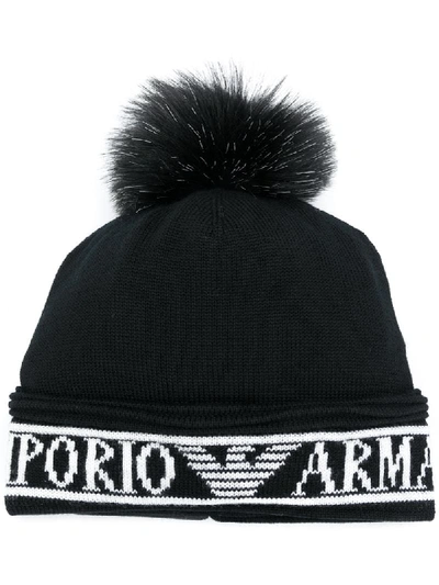 Shop Emporio Armani Intarsia Knit Pom Pom Beanie In Black
