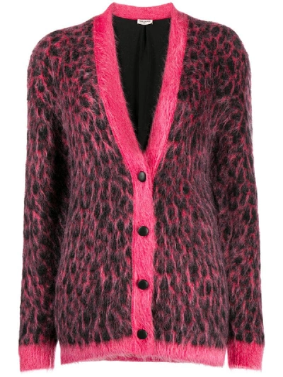 Shop Saint Laurent Brushed Leopard-print Wool Cardigan In Pink