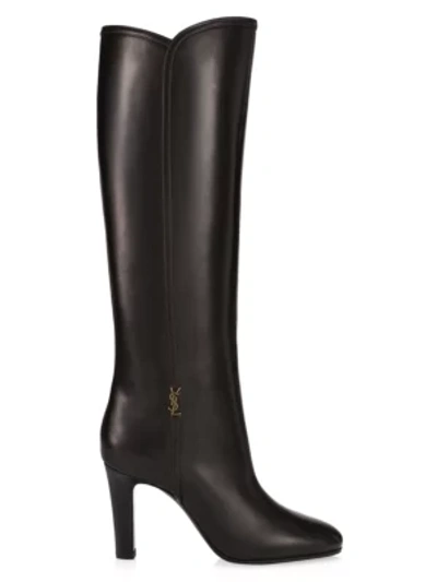 Shop Saint Laurent Blu Tall Leather Boots In Mocaccino