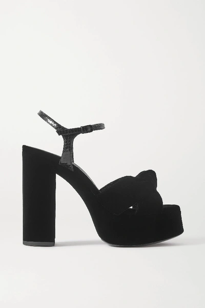 Shop Saint Laurent Bianca Snake-effect Leather And Velvet Platform Sandals In Black