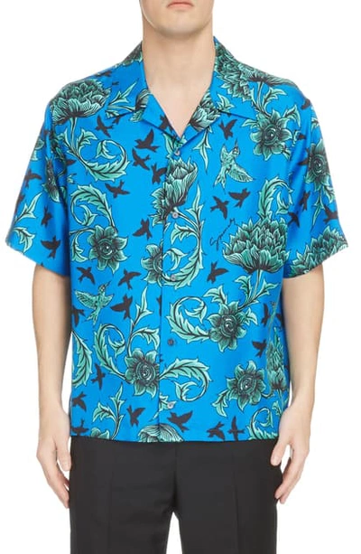 Shop Givenchy Floral Short Sleeve Silk Shirt In Electric Blue/mint Green