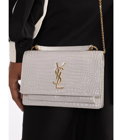 Shop Saint Laurent Ysl Sunset Monogram Bag, White Croc