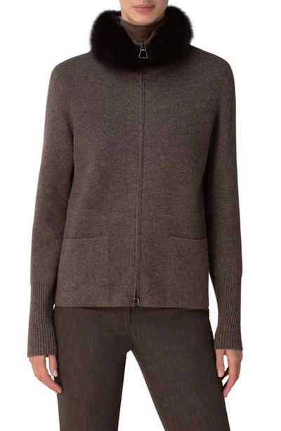 Shop Akris Zip Cashmere Cardigan With Removable Genuine Sable Fur Collar In Taupe