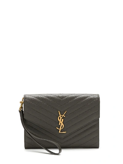 Shop Saint Laurent Matelassé Monogram Clutch Bag In Grey