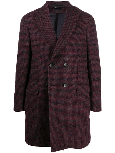 Shop Z Zegna Fine Check Double Breasted Coat In Red