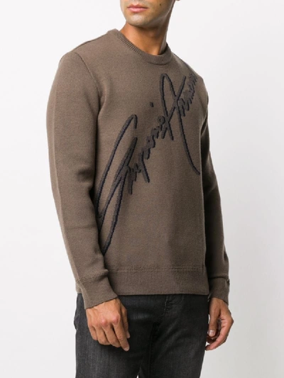 Shop Emporio Armani Intarsia Knit Crew Neck Jumper In Brown