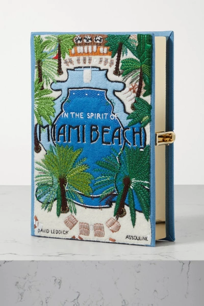 Shop Olympia Le-tan Miami Beach Embroidered Appliquéd Canvas Clutch In Blue
