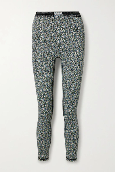 Shop Adam Selman Sport Bonded Velvet-trimmed Floral-print Stretch Leggings In Blue