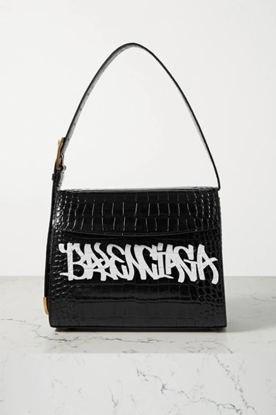 Shop Balenciaga Ghost Medium Printed Croc-effect Leather Shoulder Bag In Black