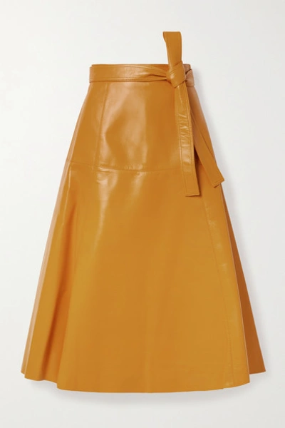 Shop Oscar De La Renta Belted Leather Midi Skirt In Orange