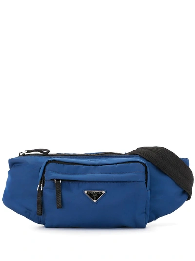 Pre-owned Prada Triangular Logo Plaque Belt Bag In Blue