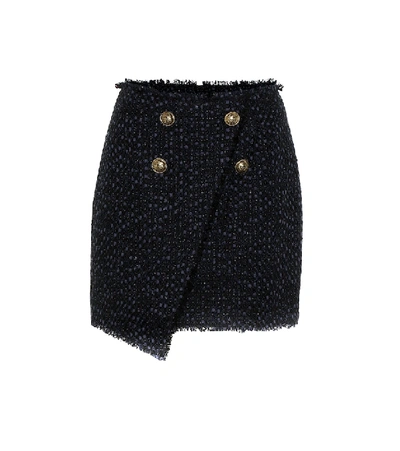 Shop Balmain Tweed Miniskirt In Blue