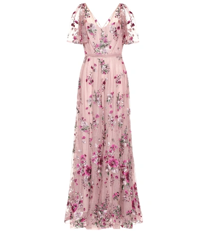 Shop Marchesa Notte Floral-embroidered Tulle Gown In Pink