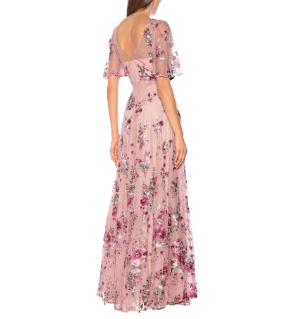 Shop Marchesa Notte Floral-embroidered Tulle Gown In Pink
