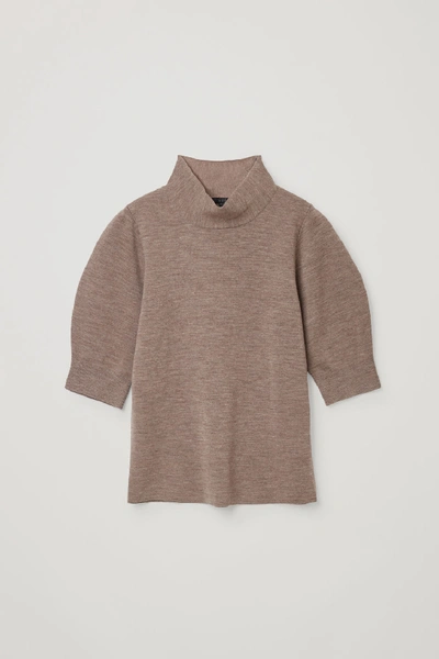 Shop Cos Merino Wool-cotton Mix Roll-neck Sleeve Detail Top In Beige