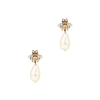 Shop Gucci Gold-tone Bee And Faux Pearl Drop Earrings