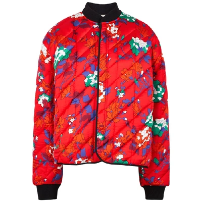 Shop Plan C Floral-print Quilted Satin Bomber Jacket In Red