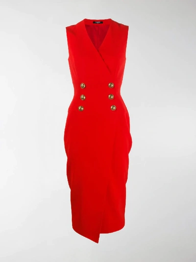 Shop Balmain Sleeveless Button-front Dress In Red