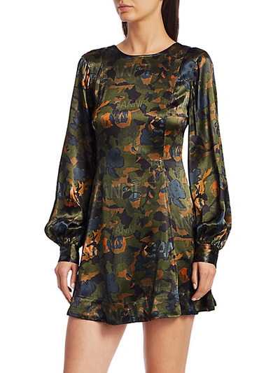 Shop Ganni Floral Heavy Satin Mini Dress In Green Multi