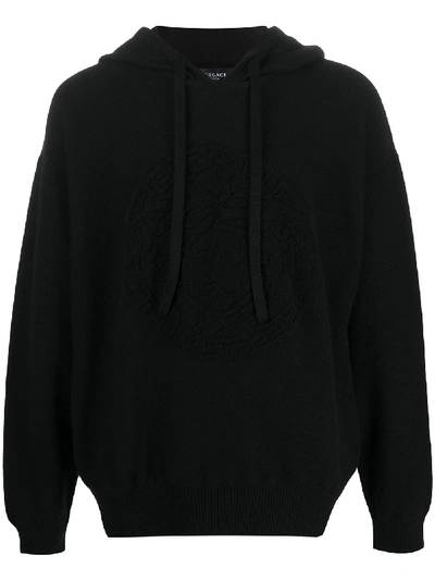 Shop Versace Drawstring Cashmere-blend Hoodie In Black