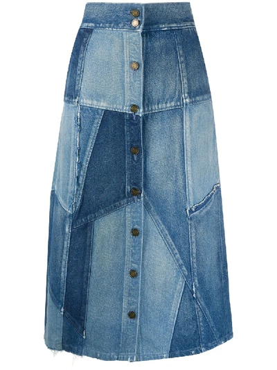 Shop Saint Laurent Patchwork Denim Skirt In Blue