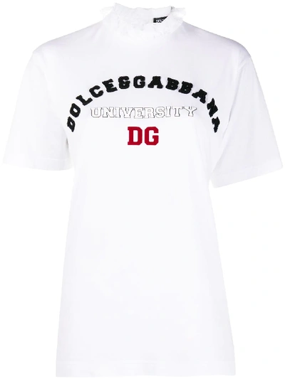 Shop Dolce & Gabbana Logo-embroidered Lace-collar T-shirt In White