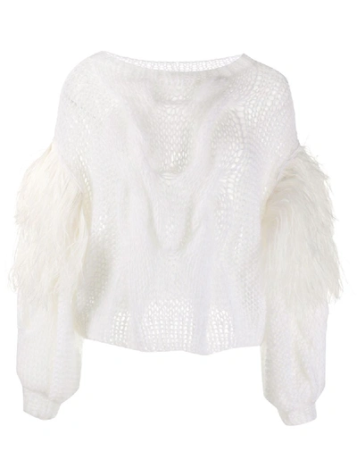 Shop Loewe Feather-sleeve Cable Knit Jumper In White