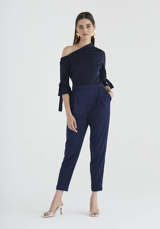 navy blue one shoulder jumpsuit