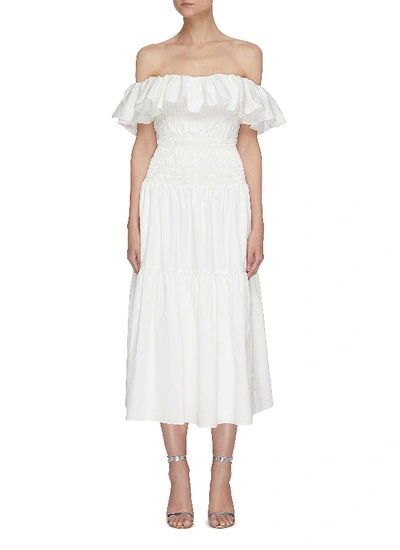Shop Self-portrait Off Shoulder Ruffle Cotton Poplin Midi Dress In White