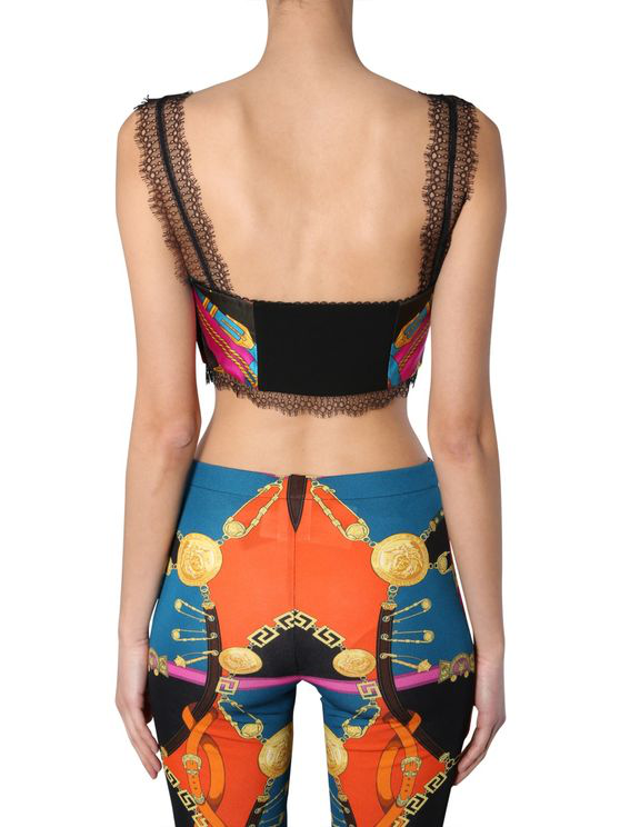 Versace Lace-trimmed Printed Silk-twill Bustier Top In Blue | ModeSens