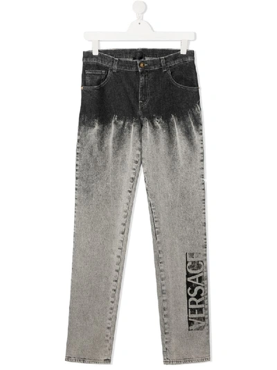 Shop Young Versace Teen Logo Light-wash Jeans In Grey
