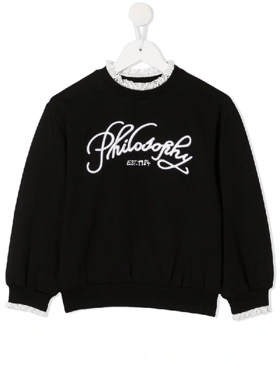 Shop Philosophy Di Lorenzo Serafini Lace-trim Embroidered Sweatshirt In Black