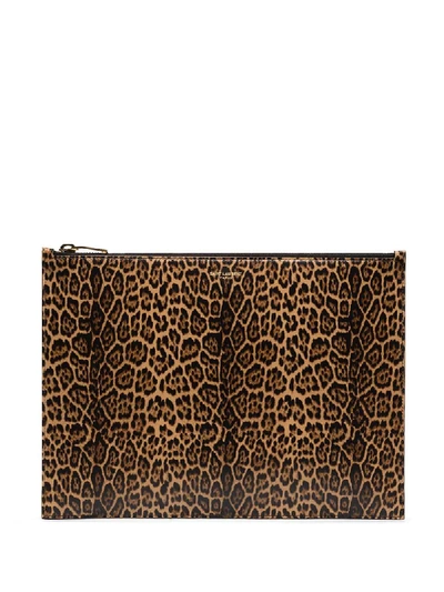 Shop Saint Laurent Brown Leopard Print Leather Pouch