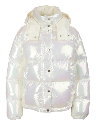 Shop Moncler Iridescent White Madame Woman Down Jacket