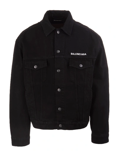 Shop Balenciaga Man Black Denim Jacket With Logo And Print