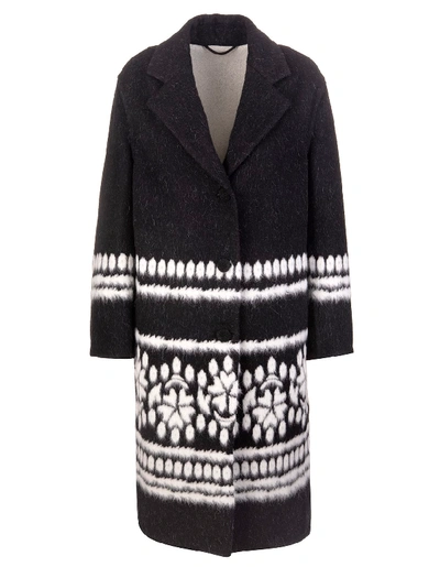 Shop Ermanno Scervino Long Jacquard Coat With Floral Inlays In Nero/bianco