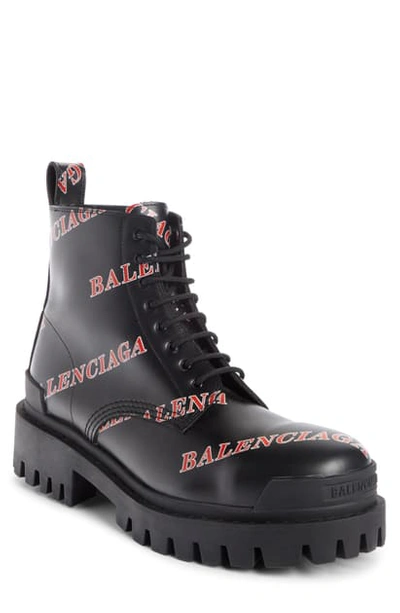Shop Balenciaga Strike Logo Print Combat Boot In Black/ Red