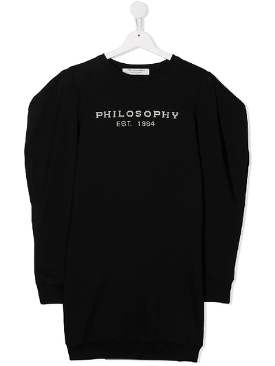 Shop Philosophy Di Lorenzo Serafini Teen Logo Embroidered Puff Sleeves Sweatshirt In Black