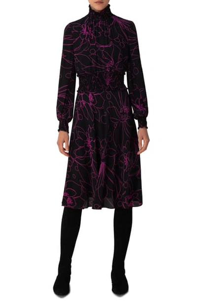 Shop Akris Punto Sashiko Floral Long Sleeve Silk Dress In Black-neo Pink