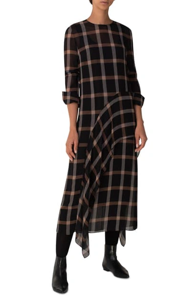 Shop Akris Punto Windowpane Check Long Sleeve Midi Dress In Black-tatami