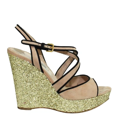 Pre-owned Miu Miu Beige Suede Glitter Wedge Sandals