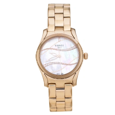 Pre-owned Tissot Mother Of Pearl Rose Gold Plated Stainless Steel Diamond T-wave T112210b Women's Wristwatch 30 Mm