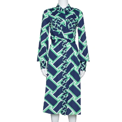 Pre-owned Diane Von Furstenberg Navy Blue Printed Cotton Jeri Twist Front Dress S