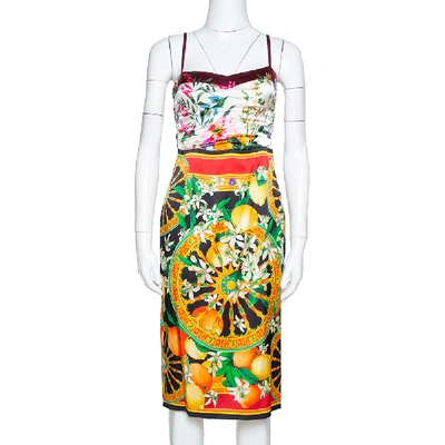 Pre-owned Dolce & Gabbana Multicolor Floral Lemon Print Silk Satin Sheath Dress S